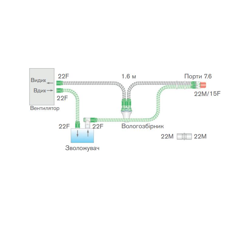 Дихальна система гладкостовбурна 15 мм (mm), з обігрівом, вологозбірник, 1,6 м (m)